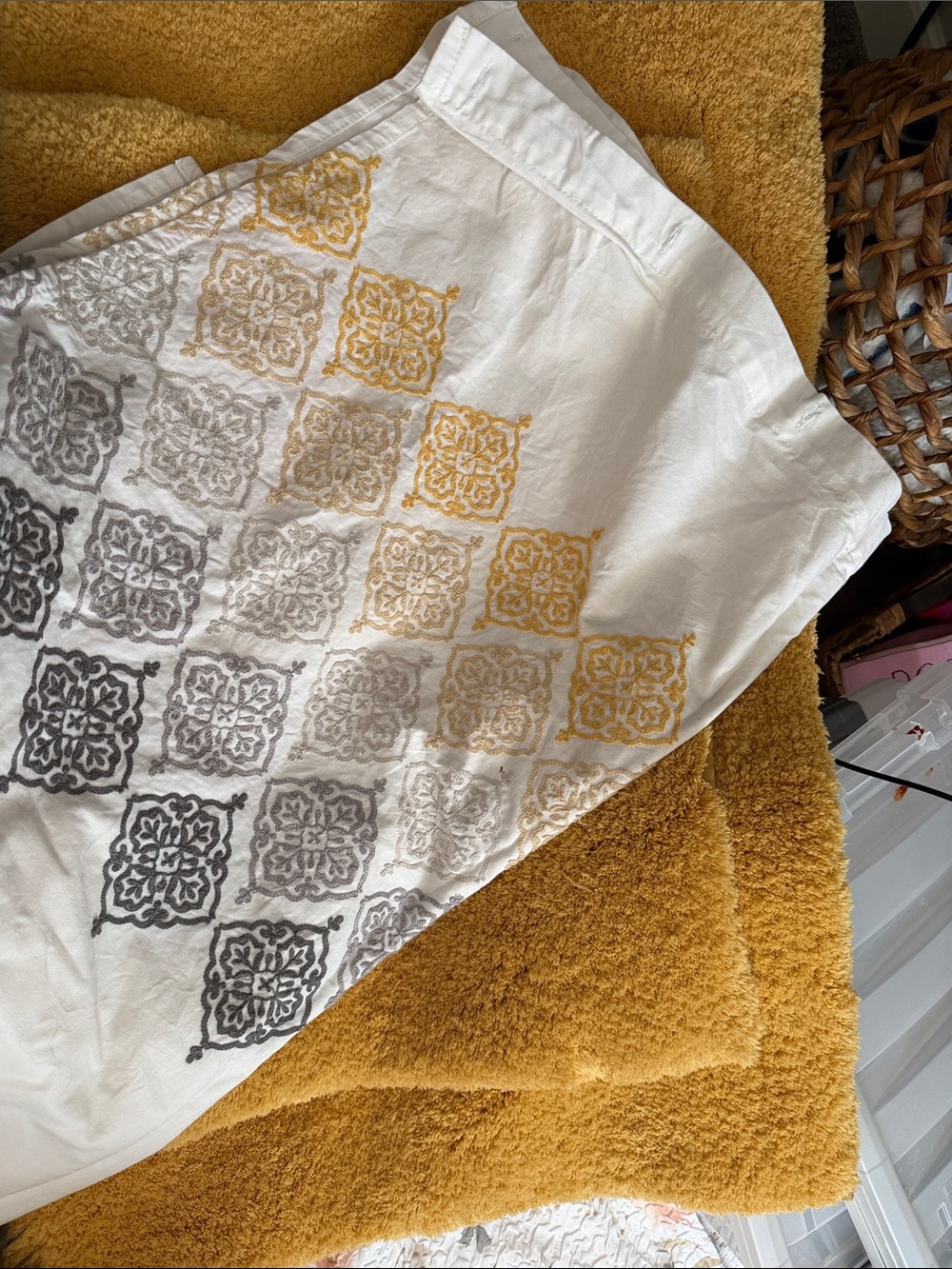 Embroidered shower curtain - White with Mustard and Gray Accents with rugs